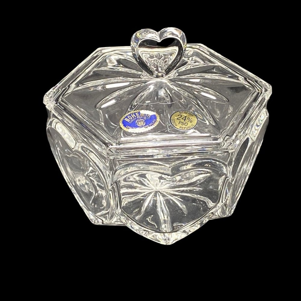 Vintage Bohemia Czech Hexagon Shaped Lead Crystal Candy Dish Hearts